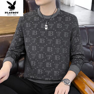 花花公子（PLAYBOY）長(cháng)袖t恤男士秋季新款潮流提花上衣青年時(shí)尚休閑百搭體恤打底衫男 1605深灰色 XL 135-150斤