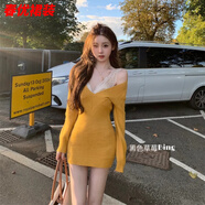 芭瑾圖法式純欲風(fēng)深V領(lǐng)長(cháng)袖毛衣針織連衣裙女秋季修身顯瘦氣質(zhì)包臀短裙 蕾絲背心+黃色毛衣裙 M