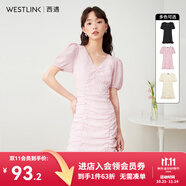 西遇V領(lǐng)泡泡袖連衣裙女2025年早夏新款法式褶皺收腰修身包臀裙子 粉色 M