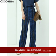 COCOBELLA重工壓褶印花直筒褲女寬松休閑開(kāi)叉拖地長(cháng)褲PA921 牛仔藍 XL