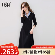 歐莎莎假兩件翻領長袖連衣裙女2025秋季新款高智風收腰顯瘦長裙 黑色 L