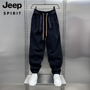 JEEP SPIRIT秋冬季新款燈芯絨休閑褲男士潮流寬松直筒抽繩痞帥加絨加厚哈倫褲 黑色 L 130-145斤