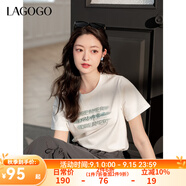 lagogo白色字母印花T恤女拉谷谷2025春季新款設計感亮片短袖上衣 本白色 S