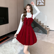 以歐（YIOU）蝴蝶結法式紅色絲絨吊帶連衣裙女冬季感a字蓬蓬公主裙子 60221 酒紅色吊帶裙+白色打底 套裝 S