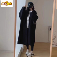 初徑韓版慵懶風(fēng)中長(zhǎng)款毛衣外套冬季感針織開衫顯瘦加厚外穿大衣 黑色 S (建議85-100斤)