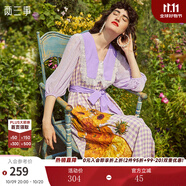 兩三事梵高系列 向夏日葵 夏季新款復(fù)古蕾絲格子印花連衣裙 紫色-y L