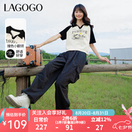 lagogo撞色翻領(lǐng)短袖T恤女拉谷谷春季新款休閑透氣插肩短款上衣 米黑(TW) M