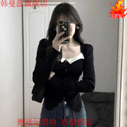 韓曼蕊大碼法式方領(lǐng)泡泡袖針織衫女秋冬修身打底衫設(shè)計(jì)感上衣 黑色 S 【 90-100斤】