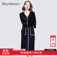 MeetMetro瑪依爾設(shè)計(jì)感撞色針織連衣裙女2025秋新款V領(lǐng)收腰一字裙 藏藍(lán)【現(xiàn)貨閃電發(fā)】 S