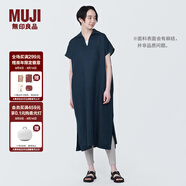 無印良品 MUJI 女式 麻 水洗 開領半袖連衣裙 女裝漢麻裙子夏季 BC2JLA4S 深藏青色 XS 150/76A