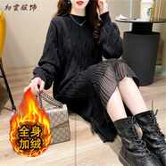 美安嘉加絨加厚毛衣裙顯瘦秋冬新款配大衣寬松遮肉連衣裙針織衫蕾絲裙厚 黑色蕾絲加絨 S