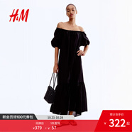 H&M女裝連衣裙2025年夏季新款印花泡泡袖長裙寬松連身裙1289379 黑色 XL 175/116