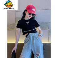 G.DUCKKIDS爵士舞服裝女童學(xué)生夏季潮流時髦街舞套裝兒童韓版女孩走秀舞蹈服 黑色T恤 140 cm