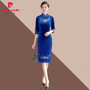 皮爾卡丹（pierre cardin）喜婆婆喜媽媽禮服2025秋季新款中老年韓國絨改良版旗袍連衣裙 寶藍色 L 建議85-95斤左右