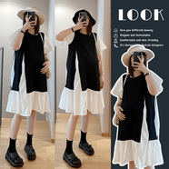 孕婦夏季連衣裙2025新款大碼寬松圓領(lǐng)短袖拼接撞色裙子夏款孕婦裙 拼色連衣裙【版】 M