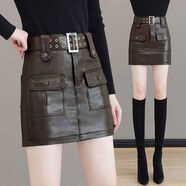 苜戈2025新款pu皮裙半身裙褲秋冬女短裙百搭顯瘦高腰修身a字包臀褲裙 棕色 A區1531（無(wú)腰帶） S  95斤以下