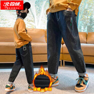 北極絨男童褲子2024新款童裝中大童秋冬季寬松休閑褲男孩兒童加絨牛仔褲 黑色（一體絨） 160cm