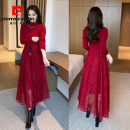 皮爾卡丹（pierre cardin）2025年春秋冬季新款加厚蕾絲拼接針織連衣裙女打底衫毛衣裙子顯瘦 紅色 M (85-100斤)