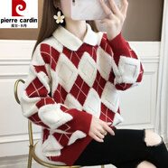 皮爾卡丹加絨加厚娃娃領(lǐng)假兩件羊毛衣女秋季新款寬松韓版內搭保暖針織上衣 酒紅色【有領(lǐng)】 L 【建議105-115斤】