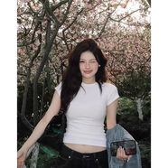 溥畔奶藍色polo衫短袖t恤女裝夏季2025新款收腰修身短款半袖上衣 白色圓領(lǐng)時(shí)裝輕奢高端短上衣歐美茶系甜辣超好看純欲少 S S85-95斤