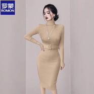 羅蒙（ROMON）百搭秋冬高領(lǐng)緊身針織裙包臀連衣裙收腰顯瘦女打底中長(cháng)款內搭毛衣 卡其色(配腰帶) 均碼