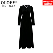 OLOEY國(guó)際一線品牌荷葉邊拼接絲絨連衣裙女秋冬新款高腰顯瘦長(zhǎng)裙氣質(zhì)感 黑色 S