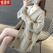 恒源祥秋冬新款慵懶風(fēng)V領(lǐng)中長(cháng)款麻花毛衣外套女純色百搭大口袋針織開(kāi)衫 淺卡色 XL