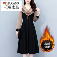 啄木鳥(niǎo)（TUCANO）小香風(fēng)荷葉領(lǐng)連衣裙女秋冬2025新款洋氣減齡收腰假兩件加絨打底裙 黑色 L 【100-115斤】