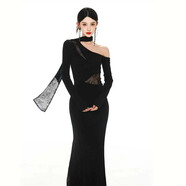 微光里純欲黑色露肩長(cháng)袖連衣裙蕾絲拼接性感裙子女秋冬新款宴會(huì )修身長(cháng)裙 蕾絲拼接斜肩連衣裙【黑色 M】