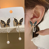 彌俏（MIQIAO）新娘耳飾輕奢蝴蝶珍珠流蘇耳環(huán) 日韓風(fēng)格2025新款長(cháng)款 女滿(mǎn)鉆流蘇 耳釘黑色蝴蝶結流蘇