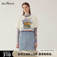 謎底牛仔拼接連衣裙2024夏季新款圓領(lǐng)套頭印花寬松中裙246ML7030 米白 M