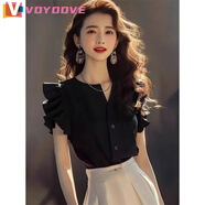 VOYDOVE今年流行漂亮套裝裙女2025新款夏季輕奢感氣質(zhì)黑色襯衫兩件套 黑色襯衫 3XL 建議135-145斤