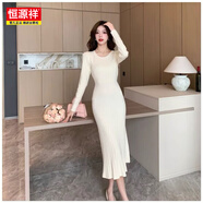 恒源祥法式設(shè)計感小眾內(nèi)搭針織連衣裙女秋冬收腰打底毛衣長款過膝百褶裙 杏色 S 80-95斤