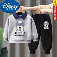 迪士尼（Disney）男童翻領(lǐng)衛衣秋裝套裝洋氣休閑寶寶春秋季衣服嬰兒童女孩兩件套潮 翻領(lǐng)#灰色衛衣+黑褲L353 100 (建議身高85-95CM)