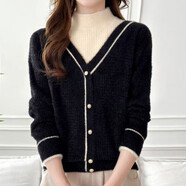 AEMAPE假兩件水貂絨毛衣女秋冬季新款半高領(lǐng)加厚保暖內搭洋氣針織打底衫 黑色 M 建議95-110斤