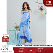 兩三事青漪浣紗 2025夏季新款森女風(fēng)荷葉邊拼接盤扣印花吊帶裙連衣裙 彩藍(lán)色 S