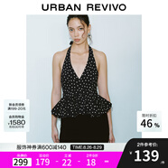 UR2025春季新款女裝法式波點(diǎn)掛脖系帶露背吊帶衫UWG250024 黑色印花 XS