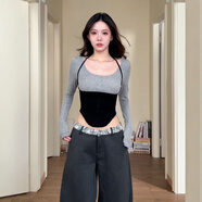 麗喬性感辣妹風撞色拼接U領(lǐng)長袖t恤女秋季新款修身顯瘦內(nèi)搭打底衫上衣 上衣 S碼78-98 均碼