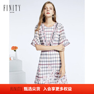 FINITY春裝圓領(lǐng)短袖印花雪紡裙時(shí)尚荷葉袖百褶邊連衣裙女 幾何印花 S