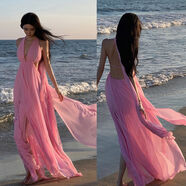 夏季馬爾代夫巴厘島海邊度假顯瘦氣質(zhì)粉紅色碎花超仙女長(cháng)裙連衣裙 粉紅色9355 L L