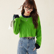 兔皇（TUHUANG）【純羊毛】絞花短款拼色針織毛衣25秋冬圓領(lǐng)女羊毛衫TW047730