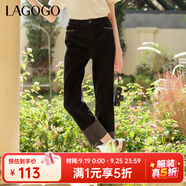 lagogo黑色高腰卷邊牛仔褲女拉谷谷2024年春季新款修身直筒褲子 黑色(W1) XL
