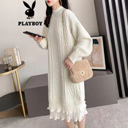 花花公子（PLAYBOY）加絨/不加絨大碼女裝毛衣裙秋冬季中長(cháng)款過(guò)膝寬松針織打底衫裙子 米白色 【不加絨】官方旗艦版 S 【80-90斤】