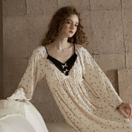 塵熙（ChelnlSeey）睡裙女款帶胸墊法式宮廷風(fēng)獨特絕美睡衣精致蕾絲長(cháng)袖裙家居服 杏底黑蝴蝶結 L