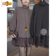 初徑高領(lǐng)蕾絲下擺針織衫女冬季新款慵懶風(fēng)寬松套頭中長(cháng)款減齡打底毛衣 黑色 M 90-110斤