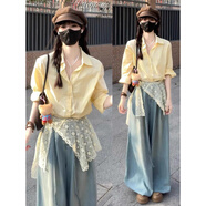 UR H2025新款ur新款巨好看的夏裝一整套大方得體韓系夏日穿搭多巴胺套 【兩件套】襯衫+蕾絲【短袖女t恤夏/初夏流行怎么穿 S 【套裝女夏款/炸街減齡時尚套裝/今年流行兩件套裝