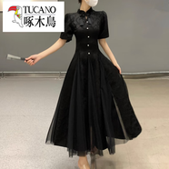 啄木鳥（TUCANO）新中式國風(fēng)重工網(wǎng)紗拼接旗袍裙夏大碼輕熟復(fù)古設(shè)計(jì)感氣質(zhì)連衣裙潮 黑色 M 【95-105斤】