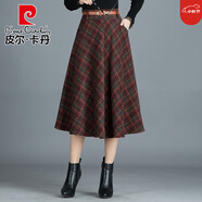 皮爾卡丹（pierre cardin）格子毛呢裙大擺裙女秋冬新款半身長(cháng)裙高腰顯瘦a字裙垂感遮胯冬裙 大紅格子 M 2尺/27碼
