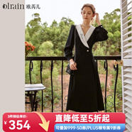 Olrain歐芮兒赫本風連衣裙女秋冬收腰顯瘦法式復古拼色翻領長裙 黑色 XL 170/92A