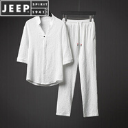 JEEP SPIRIT中國風(fēng)超薄五分袖冰絲亞麻套裝男夏季大碼寬松中袖T恤棉麻兩件套 白色(TZ201) M 【參考體重100-120斤】